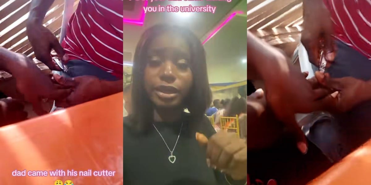 Nigerian lady expresses shock as father clips her nails during unannounced university visit