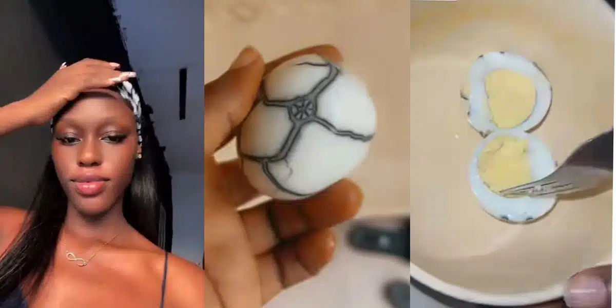 Nigerian lady surprises online community as she finds egg with unusual design