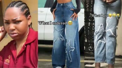 Nigerian lady cries out as she shows off baggy jeans she ordered vs what she got