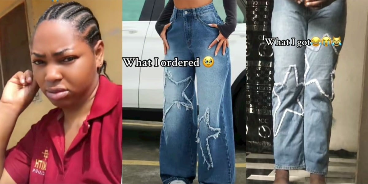 Nigerian lady cries out as she shows off baggy jeans she ordered vs what she got