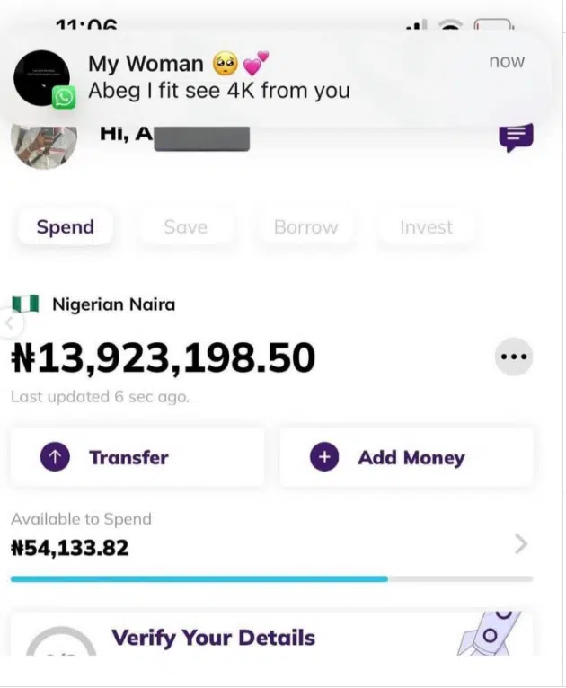 Man dragged online for sharing girlfriend's plea for N4,000 despite having over N13 million in his account