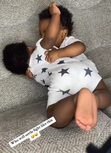 Nigerian mum cries out as little twin boys turn sitting room into wrestling ring