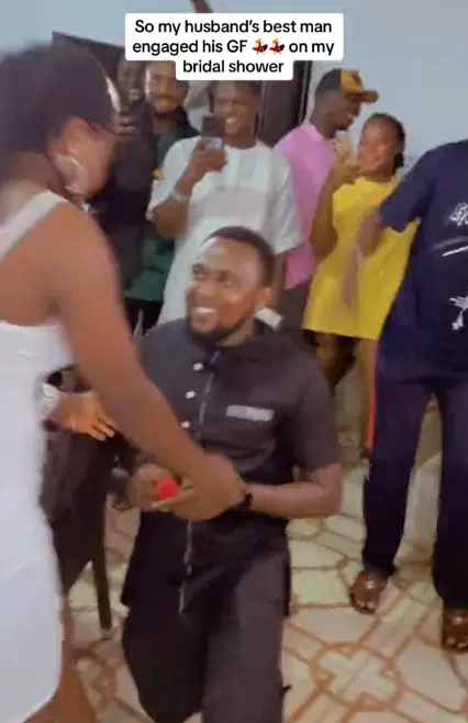 Romantic moment groom’s best man proposes to girlfriend at bride’s bridal shower