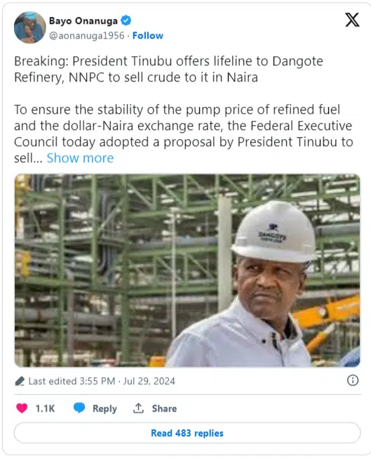 Tinubu orders NNPC to sell crude to Dangote Refinery in Naira