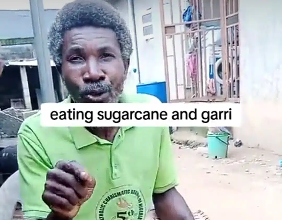 Nigerian man discovers a new food combination, Garri with sugarcane