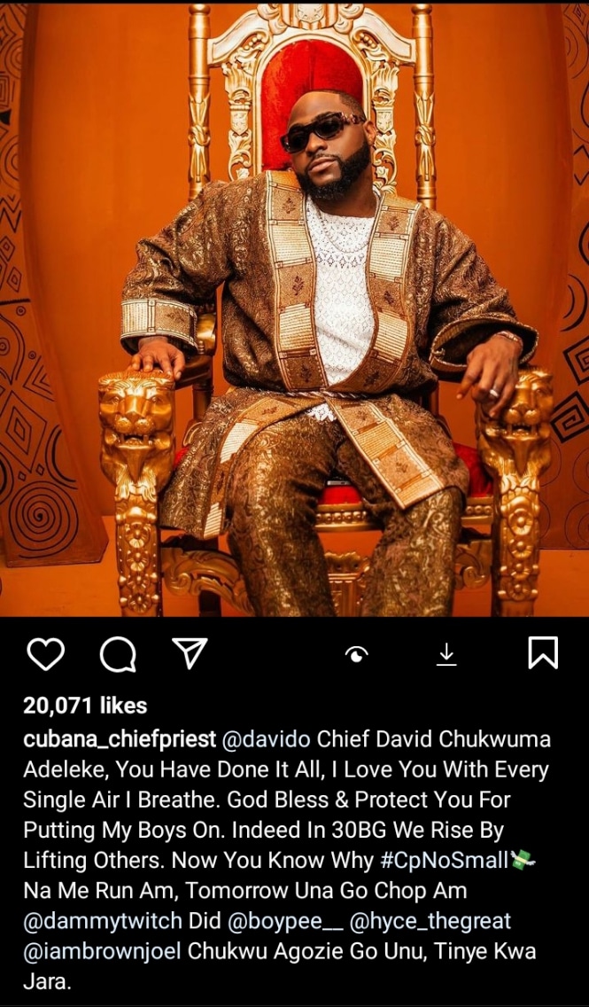 Cubana Chief Priest expresses love for Davido in recent post