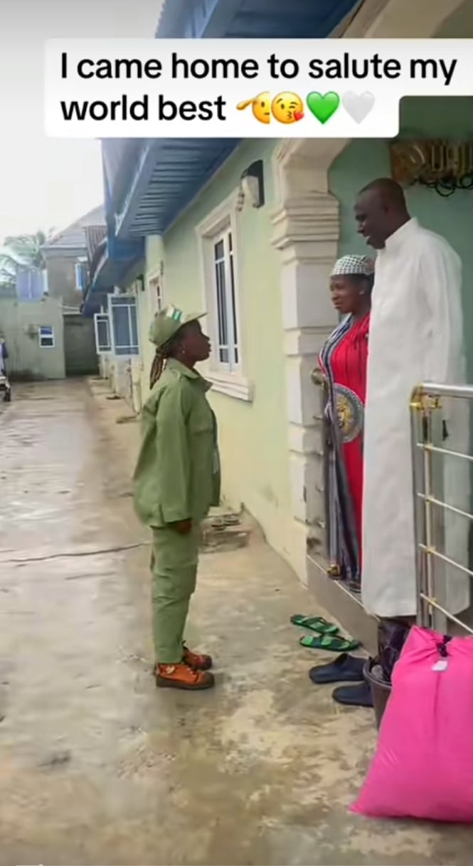 Heartwarming moment lady returns home to salute her parents from NYSC camp