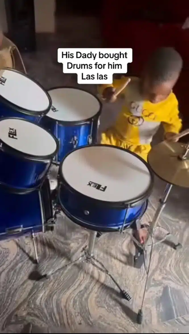 Lady narrates how husband bought drum set for their little son to aid nurture his incredible talent