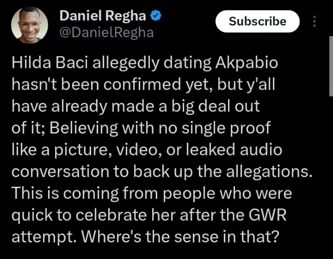 Daniel Regha defends Hilda Baci amid allegations of being one of Godswill Akpabio's side chics