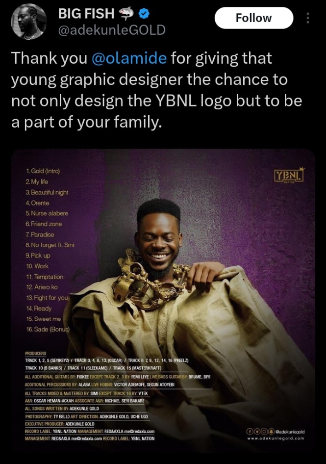 Adekunle Gold pens gratitude to Olamide for being part of YBNL family