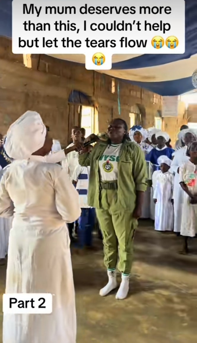 Emotional moment lady surprises mother after NYSC camp, salutes her in church