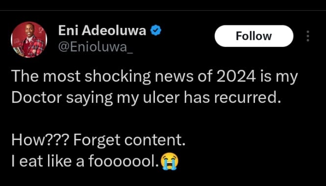 Enioluwa expresses shock as his ulcer returns despite consuming enough food