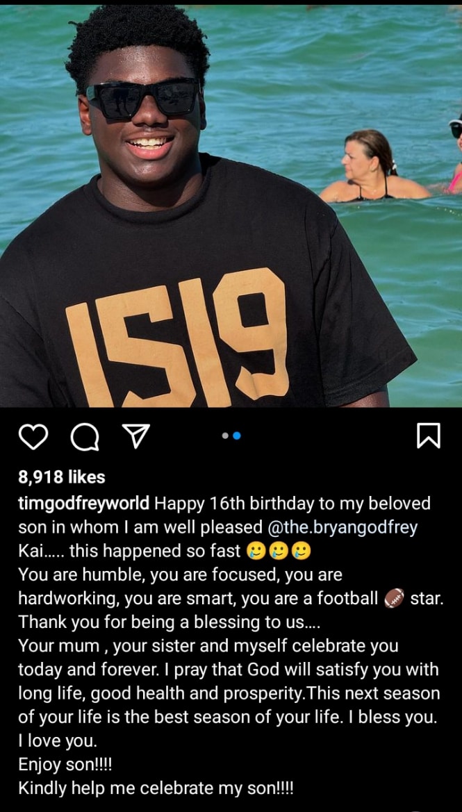 Tim Godfrey expresses amazement at son's growth on his 16th birthday