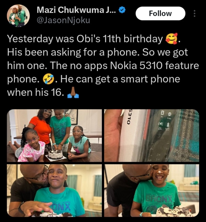 Jason Njoku stirs reactions as he gifts his son Nokia 5310 for his 11th birthday