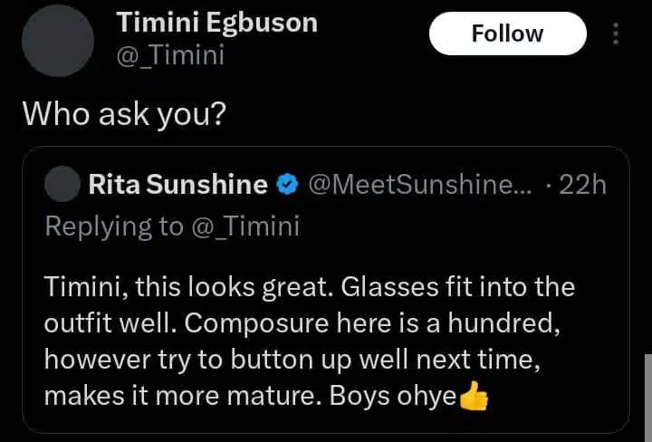 Timini Egbuson replies troll who criticized his outfit
