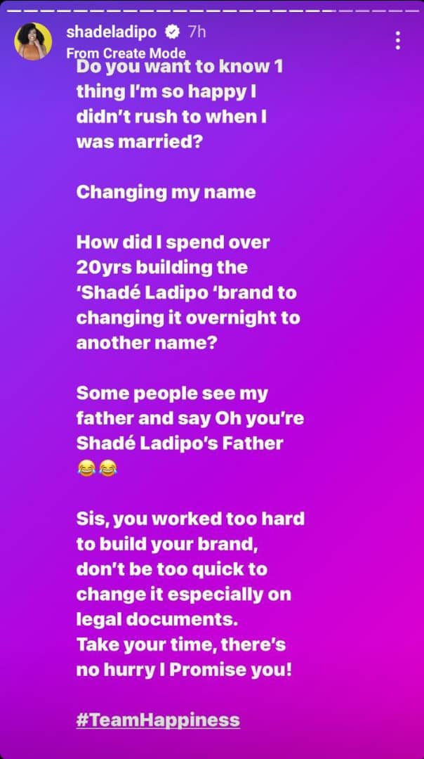 Shade Ladipo advises ladies not to rush into changing their names after marriage