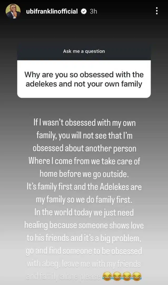 Ubi Franklin replies fan who questioned his obsession with Davido's family