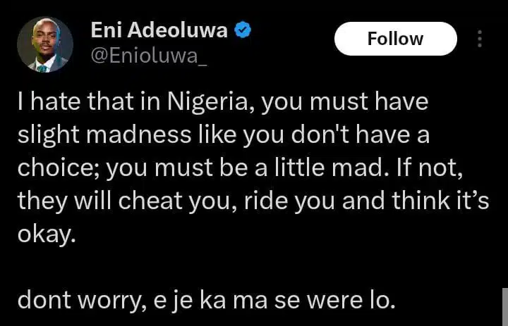 Enioluwa shares tip on how to avoid being cheated in Nigeria