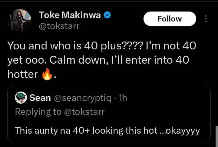 Toke Makinwa replies fan who upgraded her age