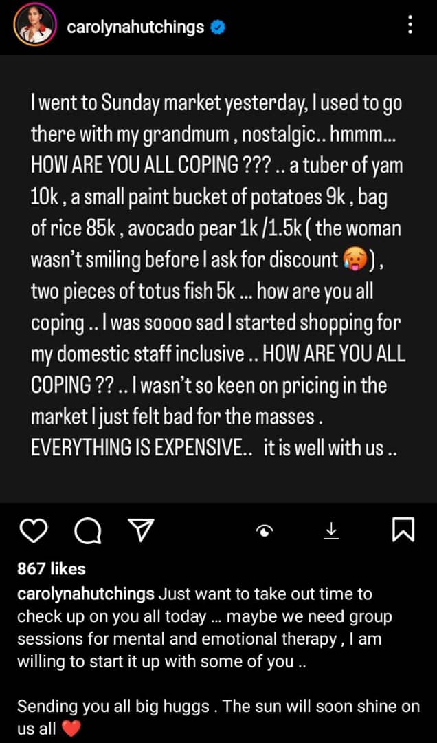 Caroline Danjuma checks up on Nigerians as she laments cost of food items