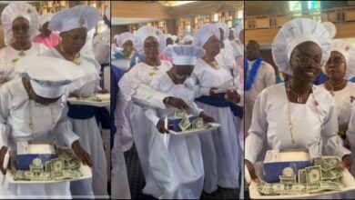 Lady dances joyfully as she celebrates her graduation in church, carries tray of dollars