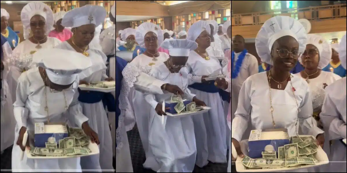 Lady dances joyfully as she celebrates her graduation in church, carries tray of dollars