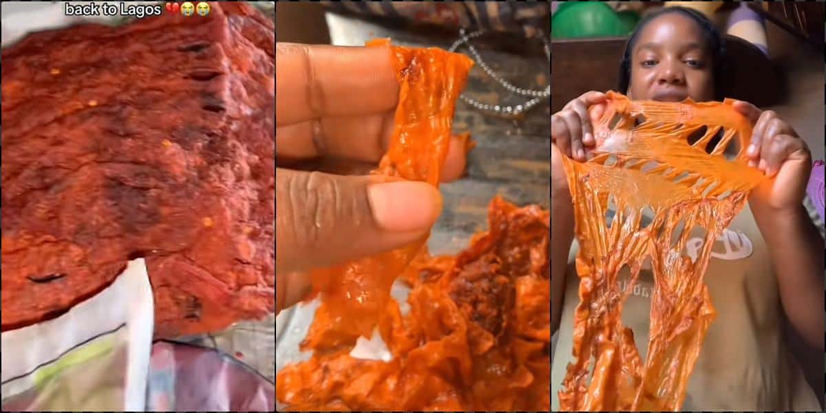 Lady shocked as kilishi turns out to be rubber coated with pepper