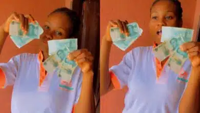 Lady joyfully flaunts foreign currencies she found in sweater she bought