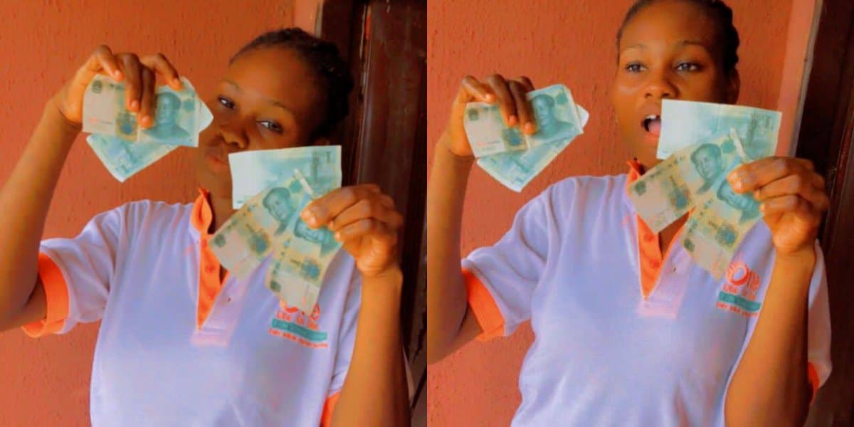 Lady joyfully flaunts foreign currencies she found in sweater she bought