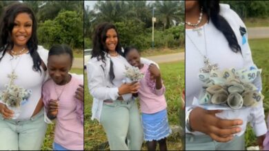 Lady emotional as her little sister gives bouquet of N50 notes as graduation gift
