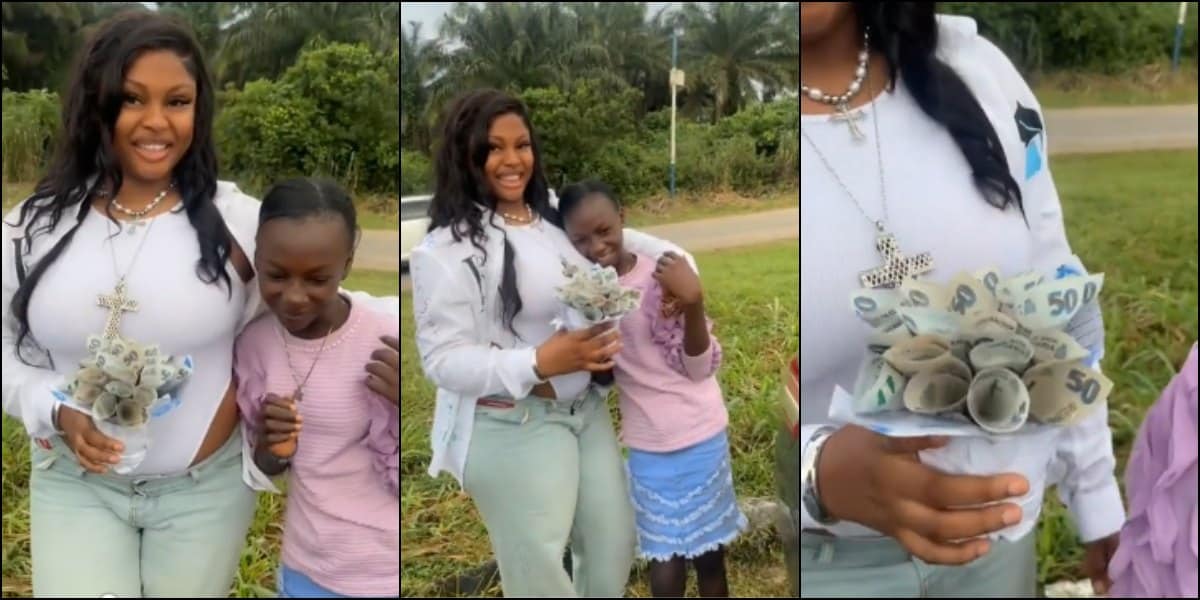 Lady emotional as her little sister gives bouquet of N50 notes as graduation gift