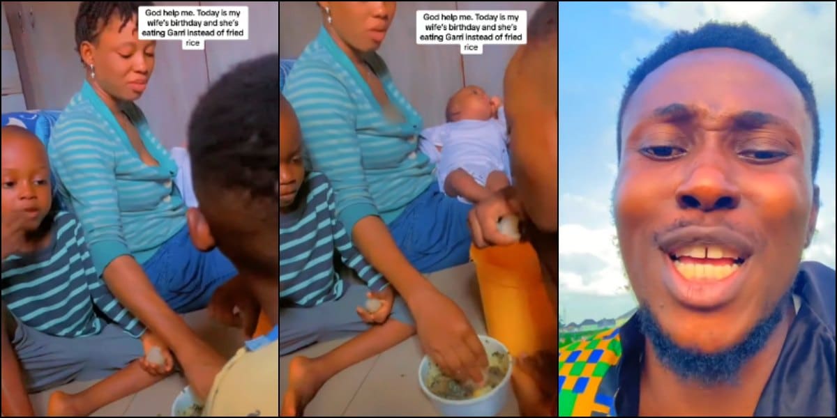 Man cries out to God as his wife and 3 kids eat 'eba' without meat on her birthday