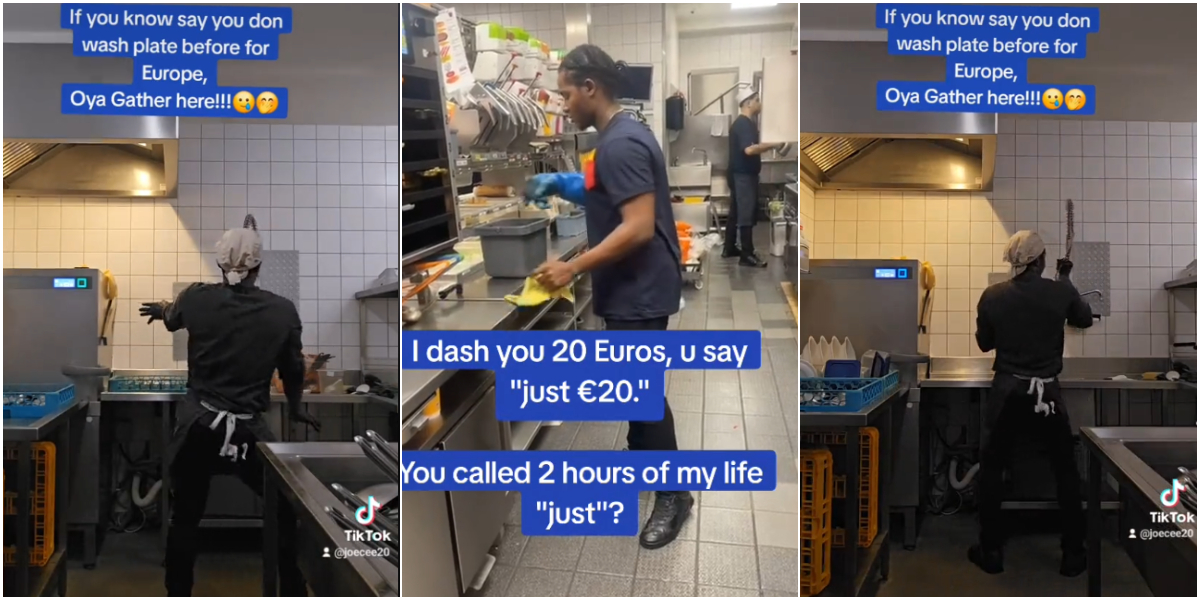 Nigerian man relocates to Europe, celebrates as he lands 'plate-washing' job