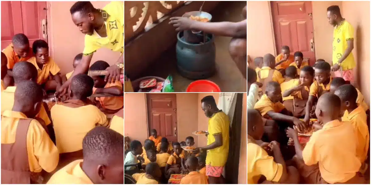 Teacher touches hearts as he uses his salary to cook Jollof Rice and Chicken for his students