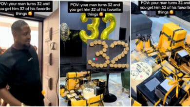 Romantic moment lady surprises husband with 32 gifts on his 32nd birthday