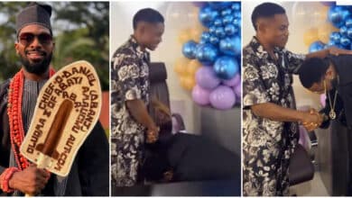 D'Banj dragged online for 'prostrating' to Pastor Jerry Eze during his birthday visit