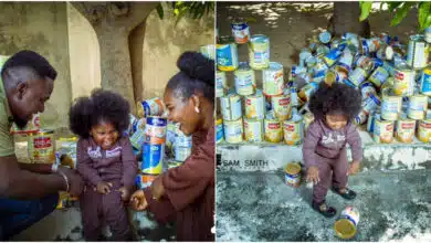 Man displays 'towering' stack milk tins his daughter consumed at 2