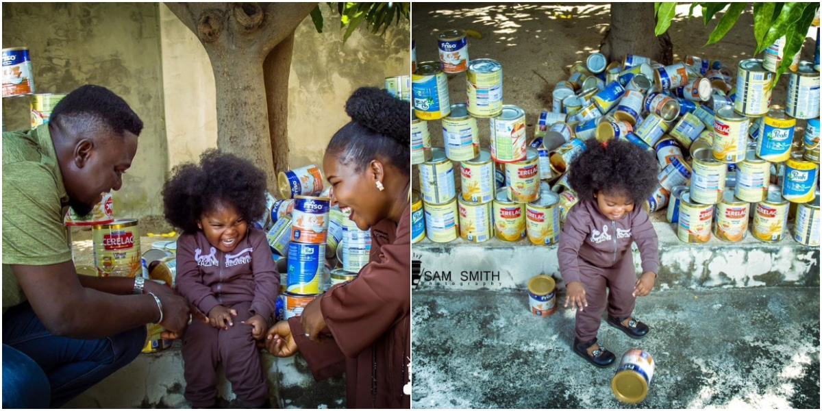 Man displays ‘towering’ stack of milk tins his daughter consumed at 2