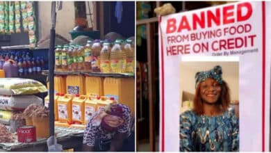 Drama as vendor prints banner of lady who allegedly bought food on credit from her, posts it in front of her shop