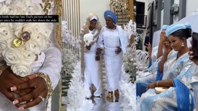 Nigerian bride places late father's photo on wedding bouquet since he couldn't walk her down the aisle