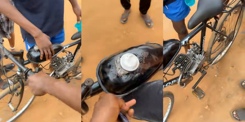 Nigerian man designs bicycle with motorcycle engine and built-in fuel tank