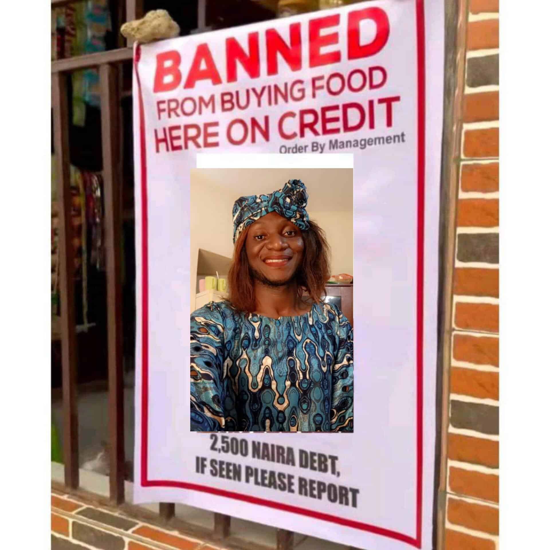 Drama as vendor prints banner of lady who allegedly bought food on credit from her, posts it in front of her shop