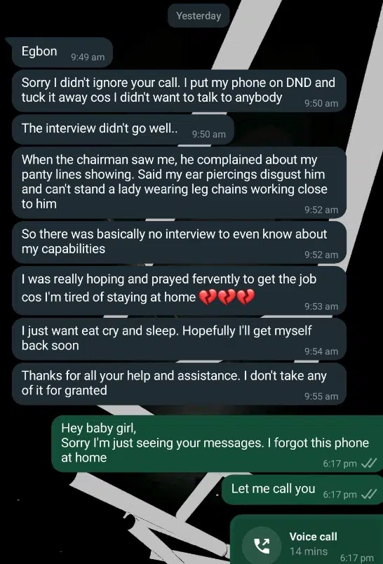 Nigerian lady loses oil company job opportunity after wearing leg chain to interview