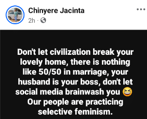 "Your husband is your boss; don't let civilization break your home" - Nigerian woman advises