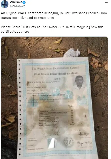 Original WAEC certificate spotted being used to sell suya goes viral