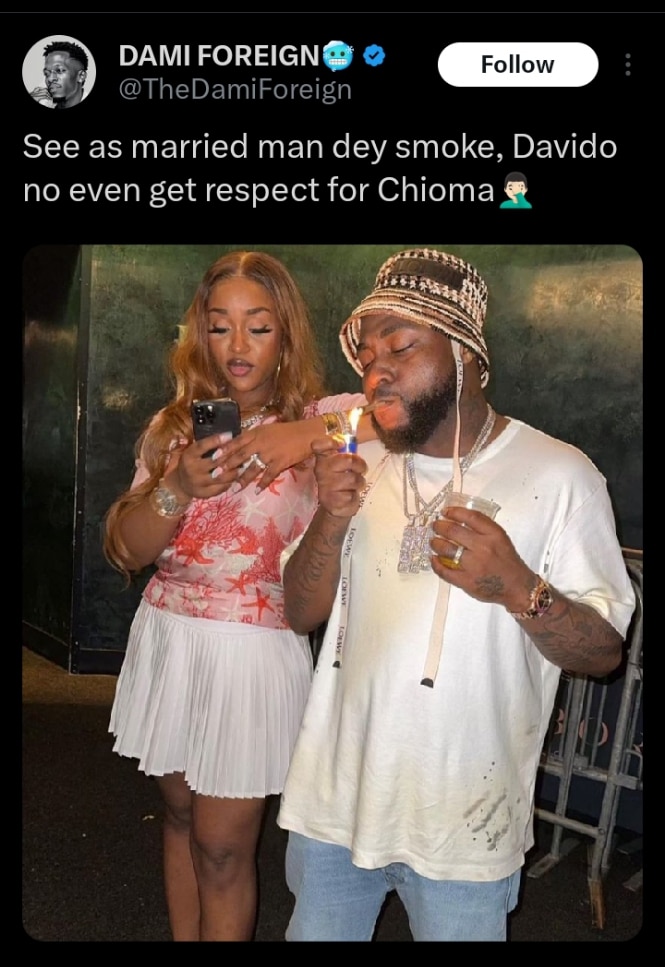 Davido called out for smoking next to his wife, Chioma