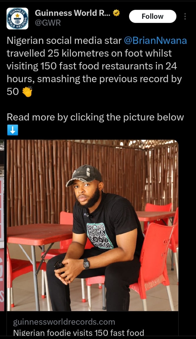 Nigerian man breaks Guinness World Record for eating in 150 restaurants in 24 hours