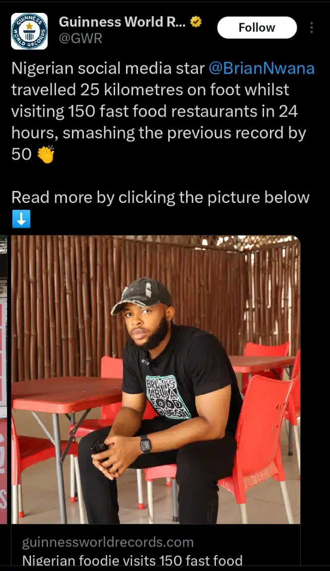 Nigerian man breaks Guinness World Record for eating in 150 restaurants in 24 hours