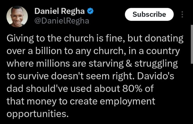 Daniel Regha criticizes Davido's father over N1 billion donation to church