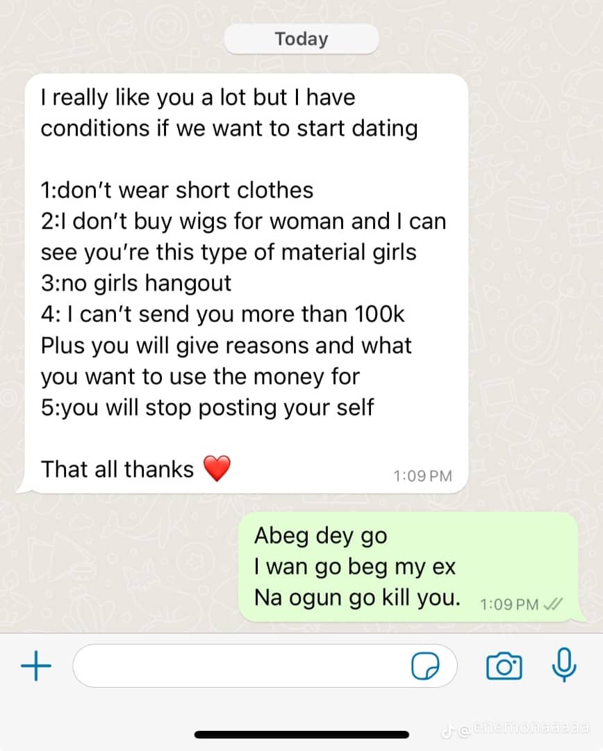 Lady shares rules her 'talking stage' partner gave her, leaked chat stirs buzz